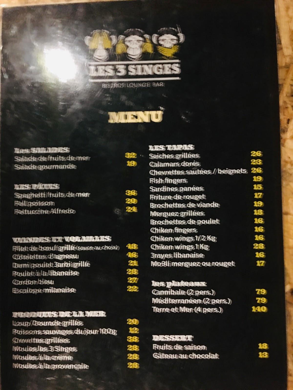 Menu au Les 3 singes restaurant, La Goulette