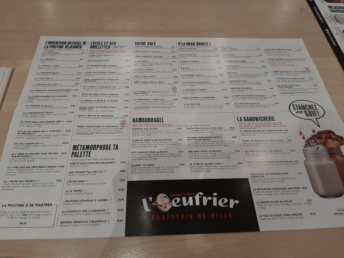 Menu at L'Oeufrier (Québec) restaurant, Québec City