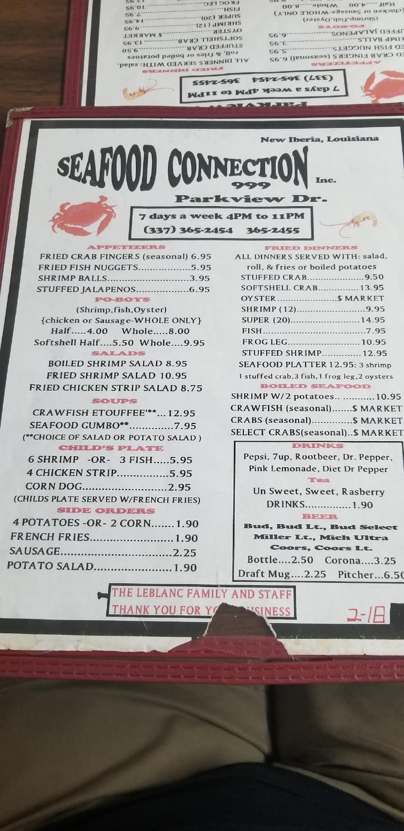 Menu at Seafood Connection of New Iberia restaurant, New Iberia
