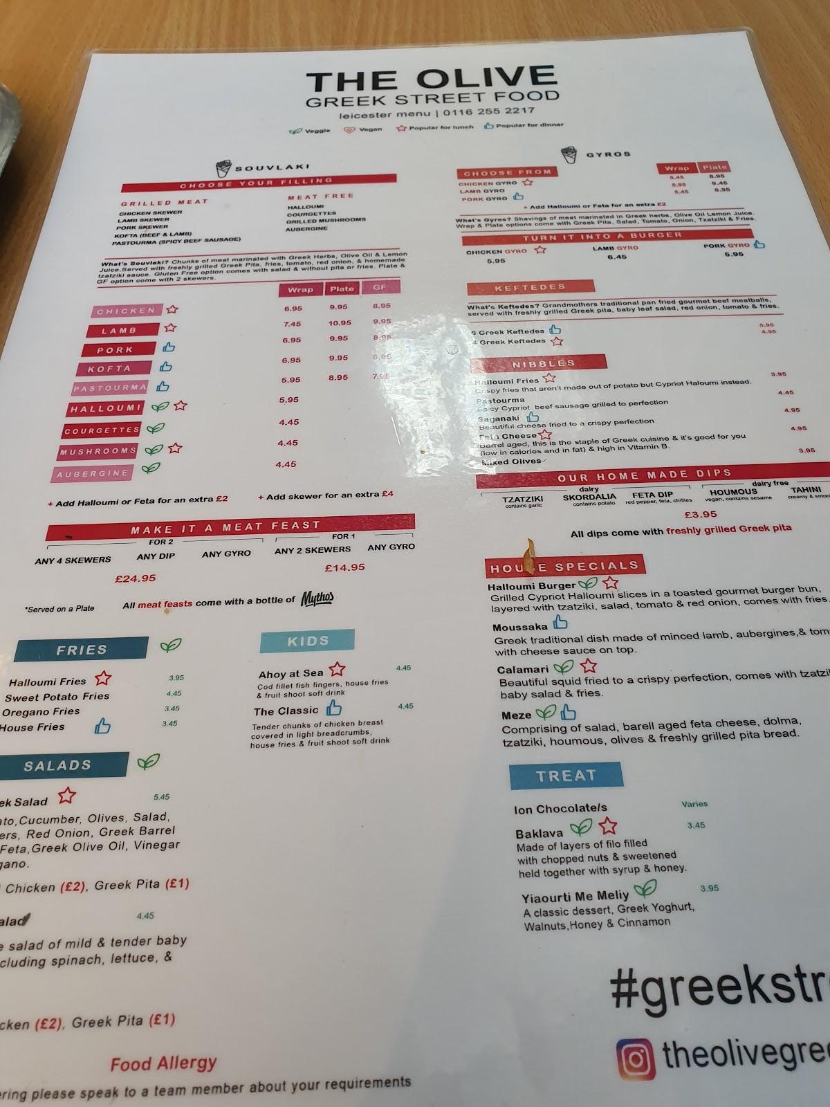 Menu at The Olive Greek Street Food restaurant, Leicester