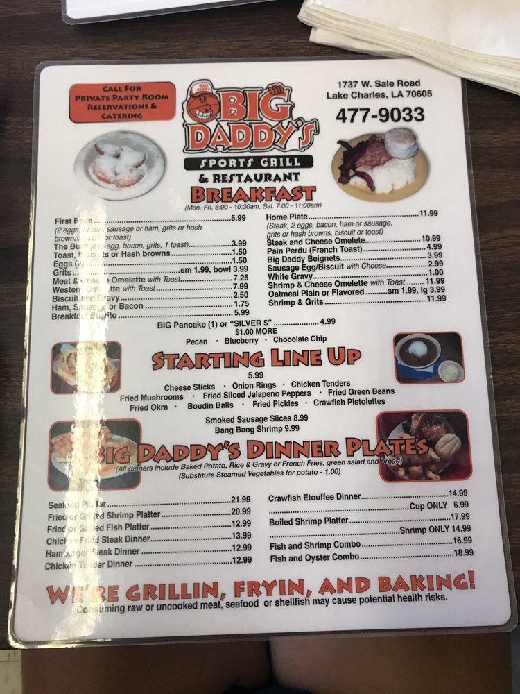 Menu at Big Daddy's Sports Grill restaurant, Lake Charles