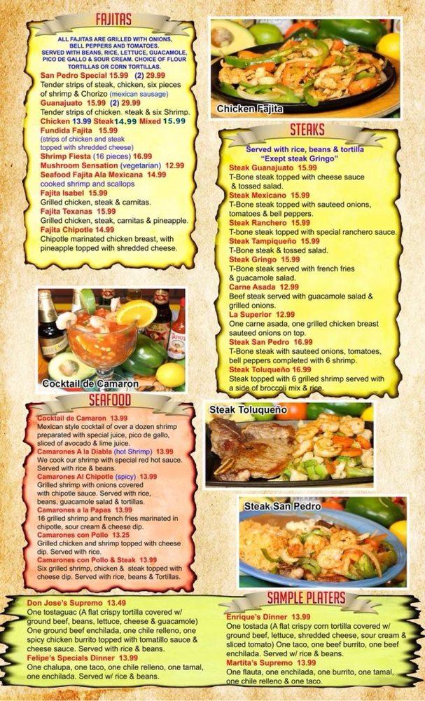Menu at San Pedro Mexican Restaurant, Charlestown