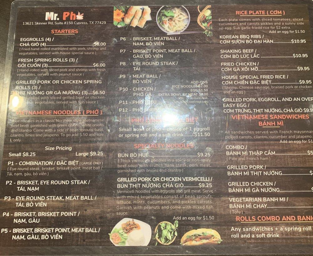 Carta del restaurante Mr. Pho, Cypress, Skinner Rd Ste 150