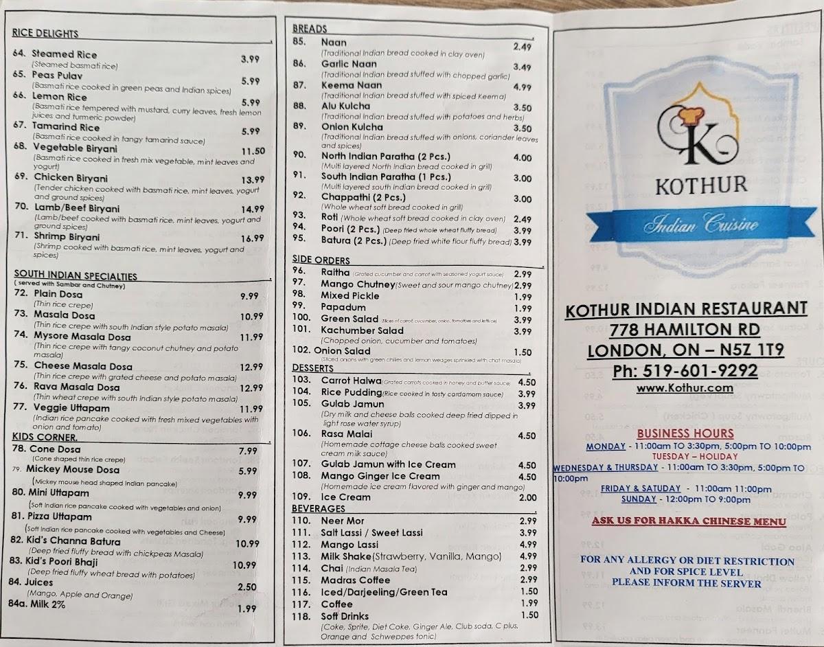 Menu at Kothur Indian Cuisine restaurant, London