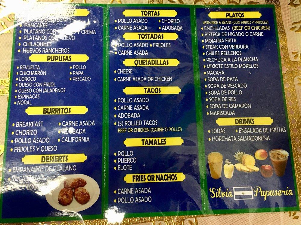 Menu at Silvia Pupuseria restaurant, National City