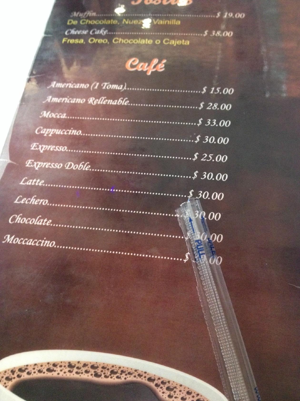 Menu at Cafe Bolero, Merida, Calle 62
