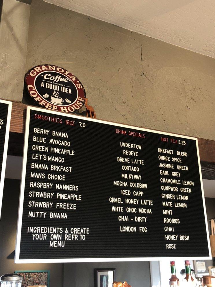 Menu at Granola's Coffee House, Half Moon Bay