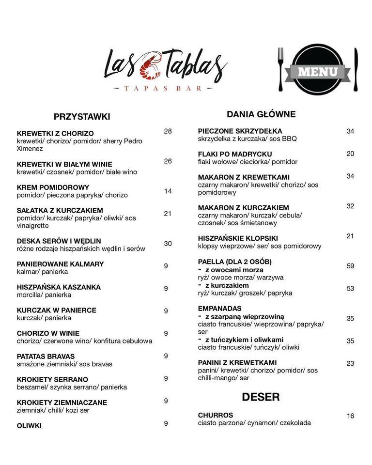Menu at Las Tablas restaurant, Łódź