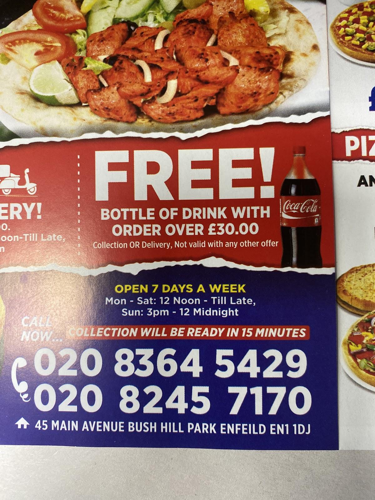 Bush Hill Park Kebab and Pizza House in Enfield Restaurant menu and