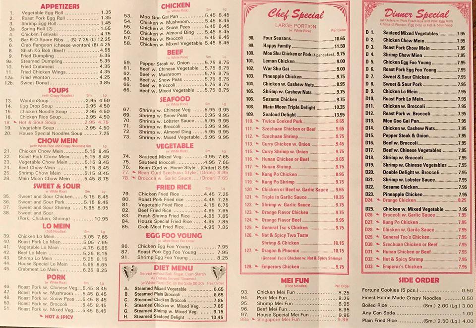 Menu at Main Moon restaurant, Ashland