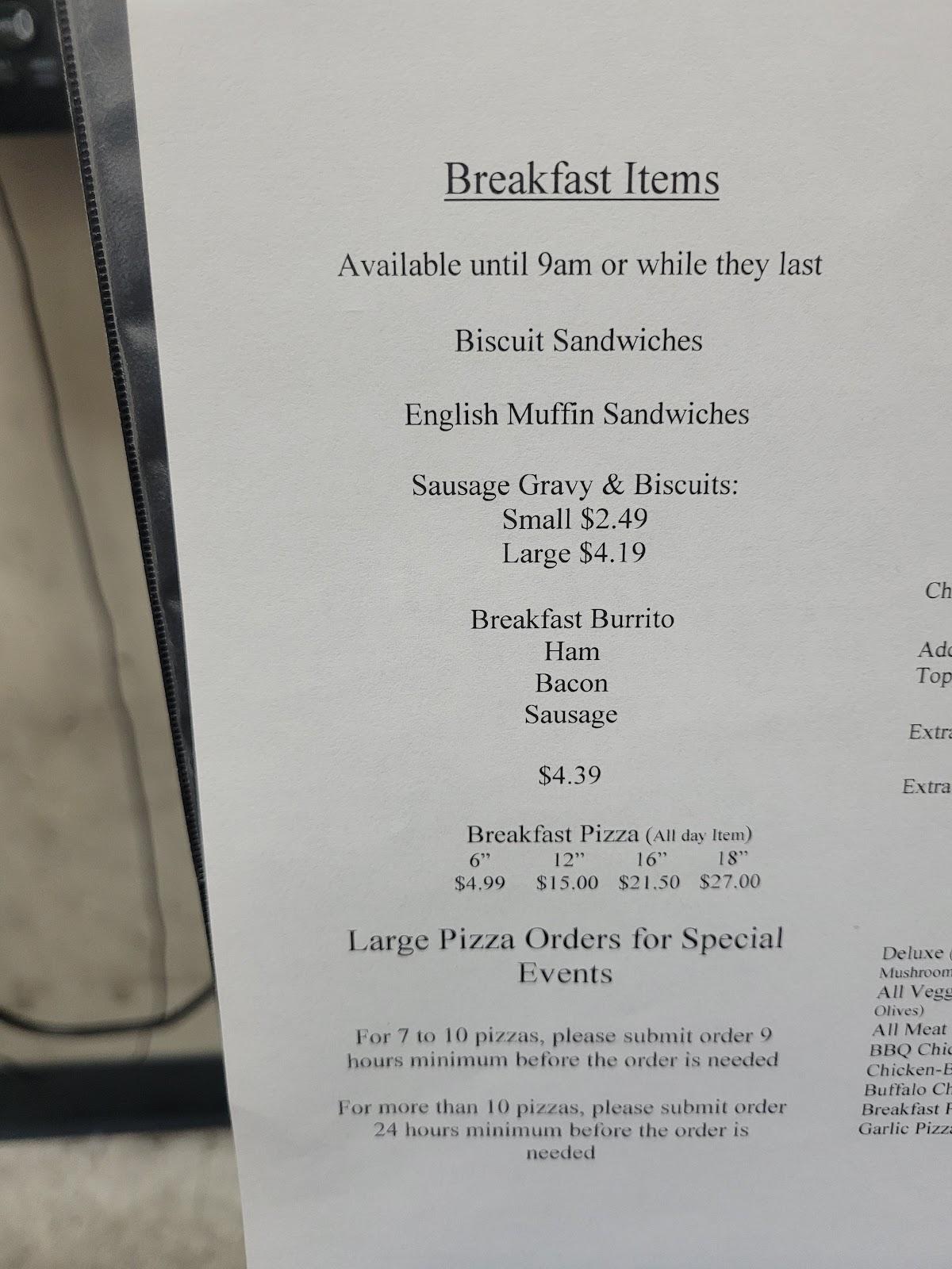 Menu at Spencerville Quick Stop pizzeria, Spencerville