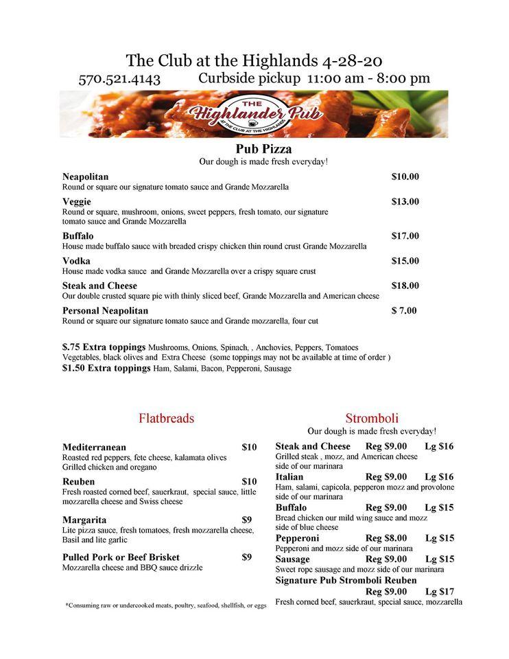 Menu at The Club at the Highlands, Archbald