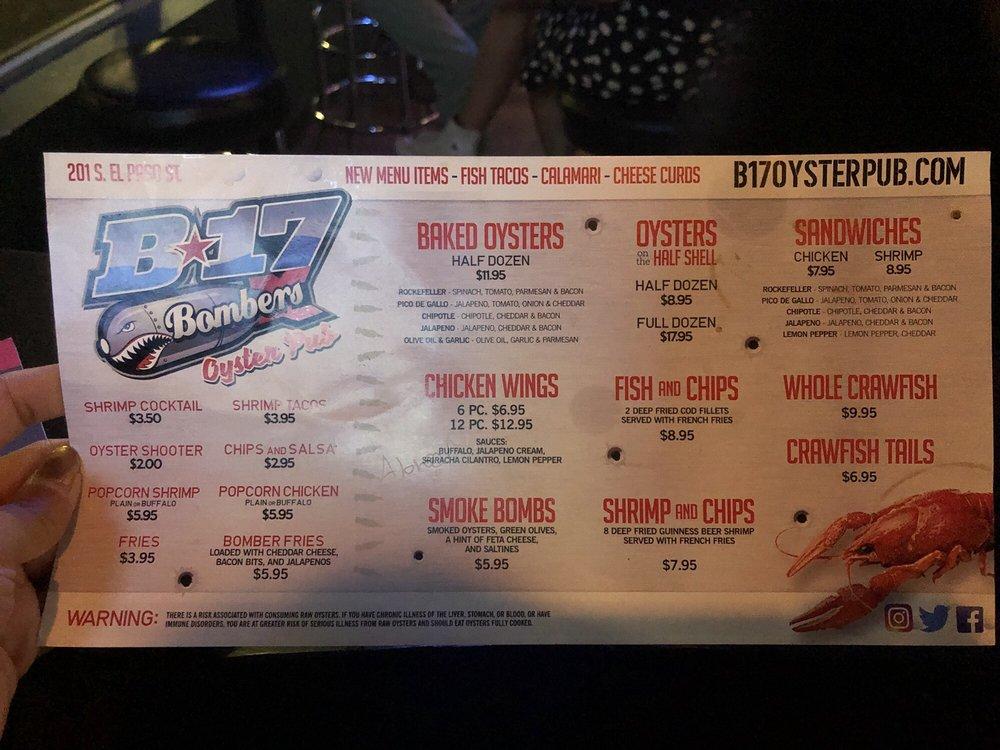 Carta de B17 Bombers Oyster Pub, El Paso