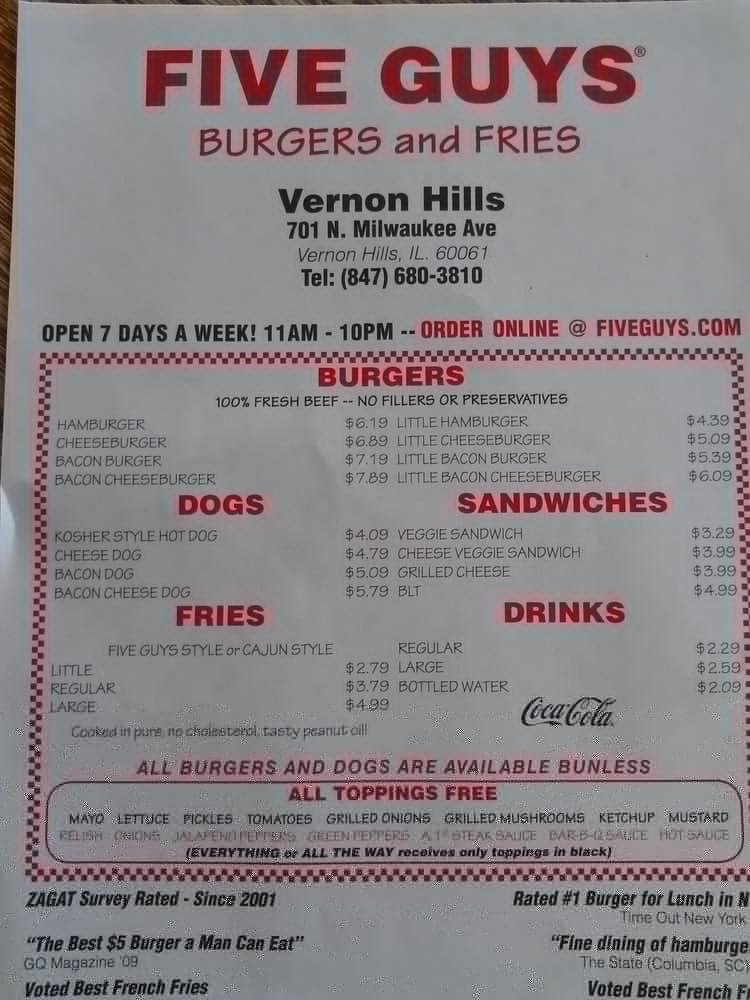 Menu at Five Guys fast food, Vernon Hills