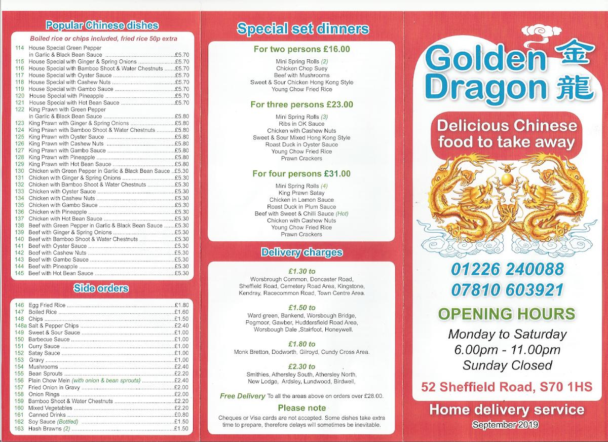 Menu at Golden Dragon restaurant, Barnsley