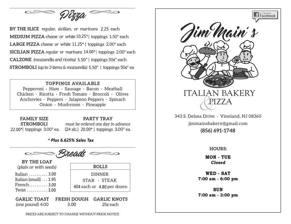 Menu at Jim Main's Bakery & Pizza, Vineland, 343 S Delsea Dr