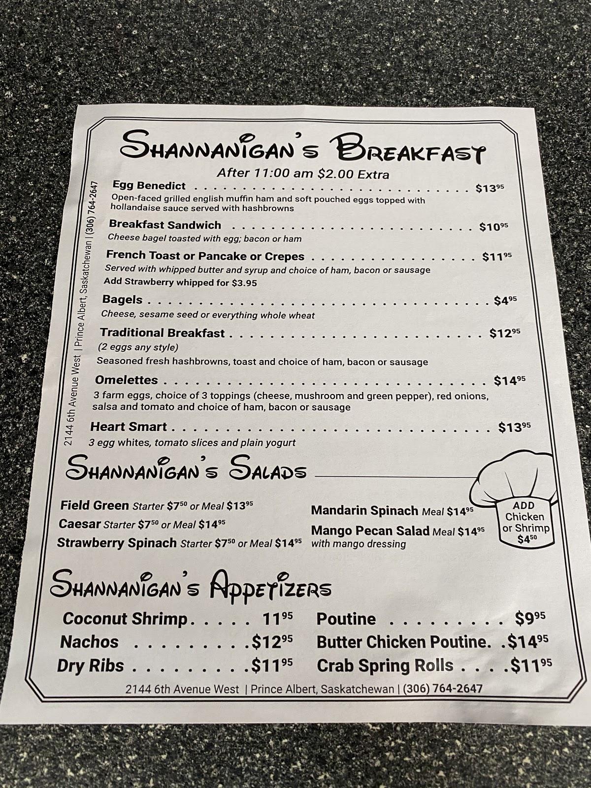 Menu at Shananigan's Bistro Coffee & Dessert Bar, Prince Albert
