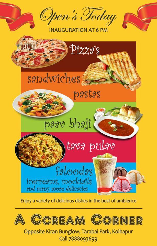 A Ccream Corner menu