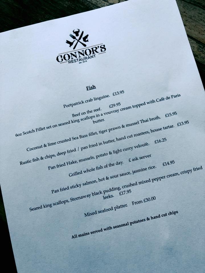 Menu at Connor's restaurant, Portpatrick