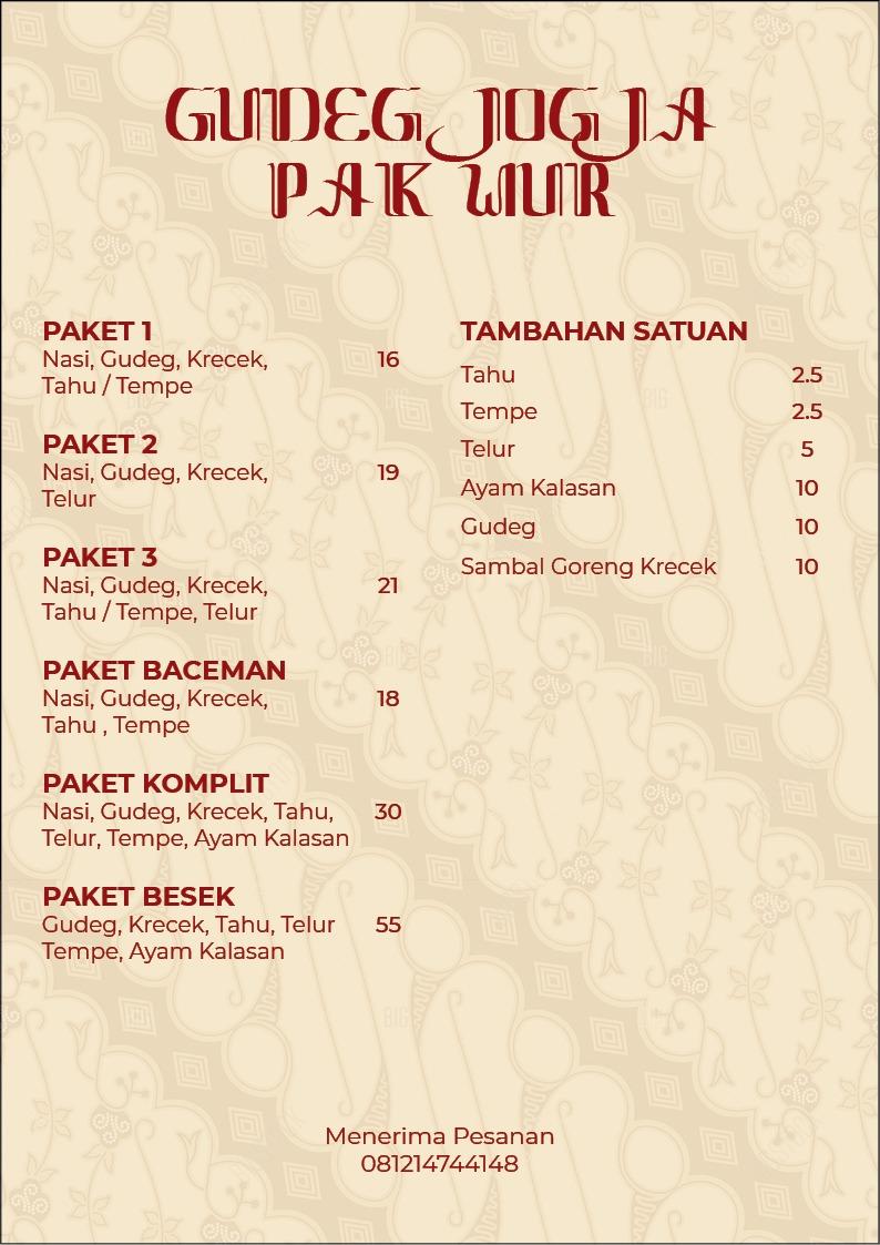 Menu At Gudeg Jogja Pak Wur Restaurant Bandung