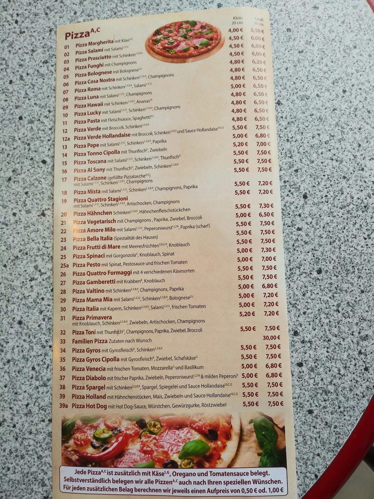 Menu at Pizzeria Bella Italia, Klostermansfeld