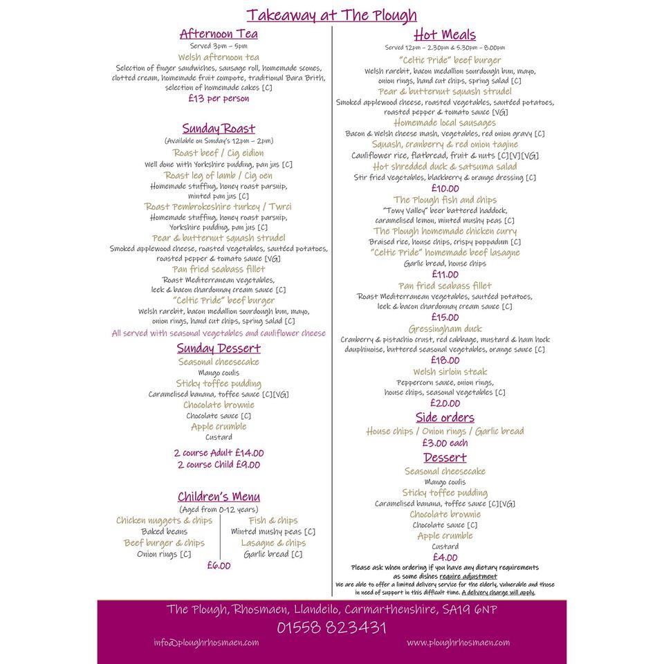 Carta de The Plough Hotel & Restaurant, Llandeilo