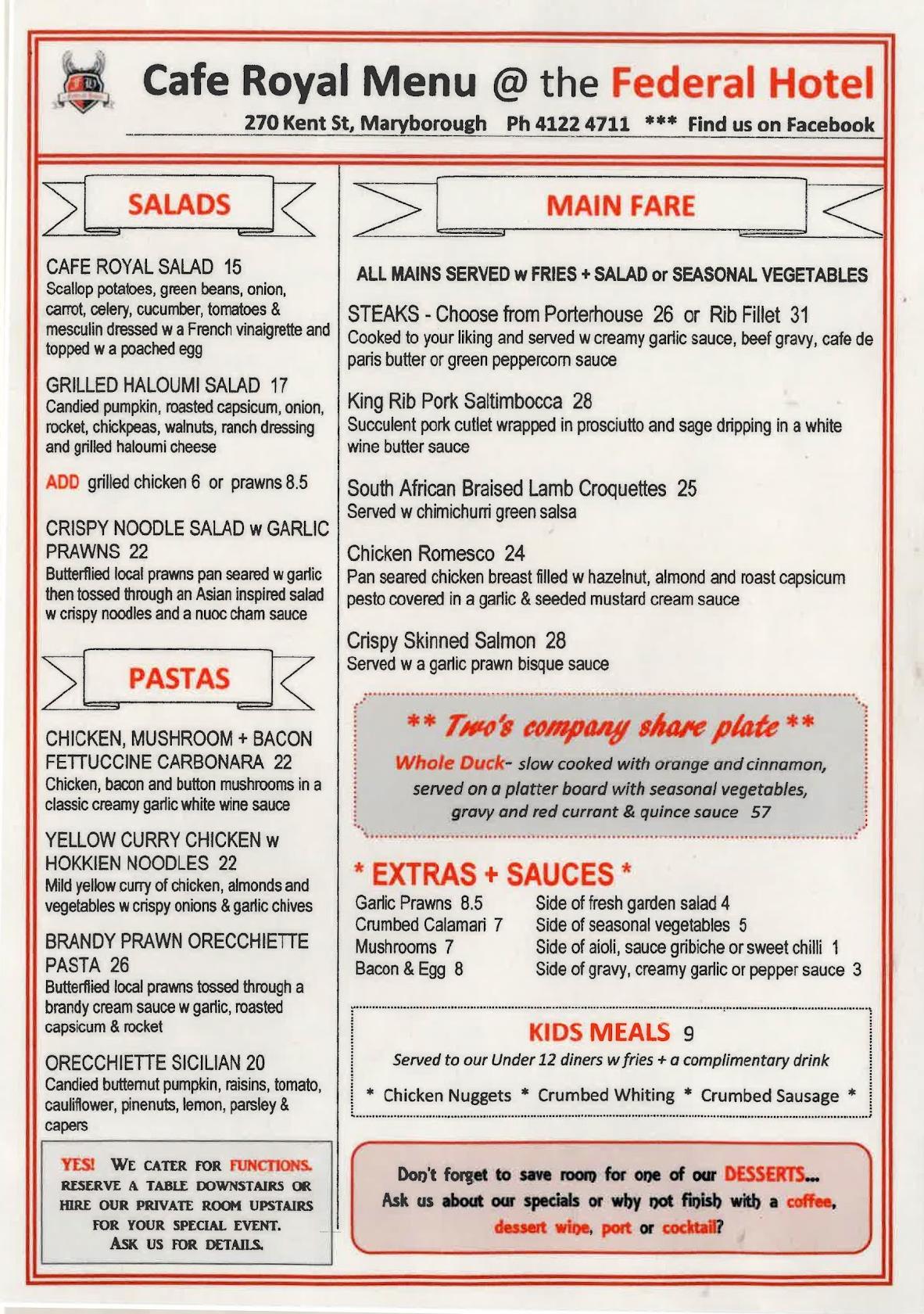 Menu at Federal Hotel pub & bar, Maryborough