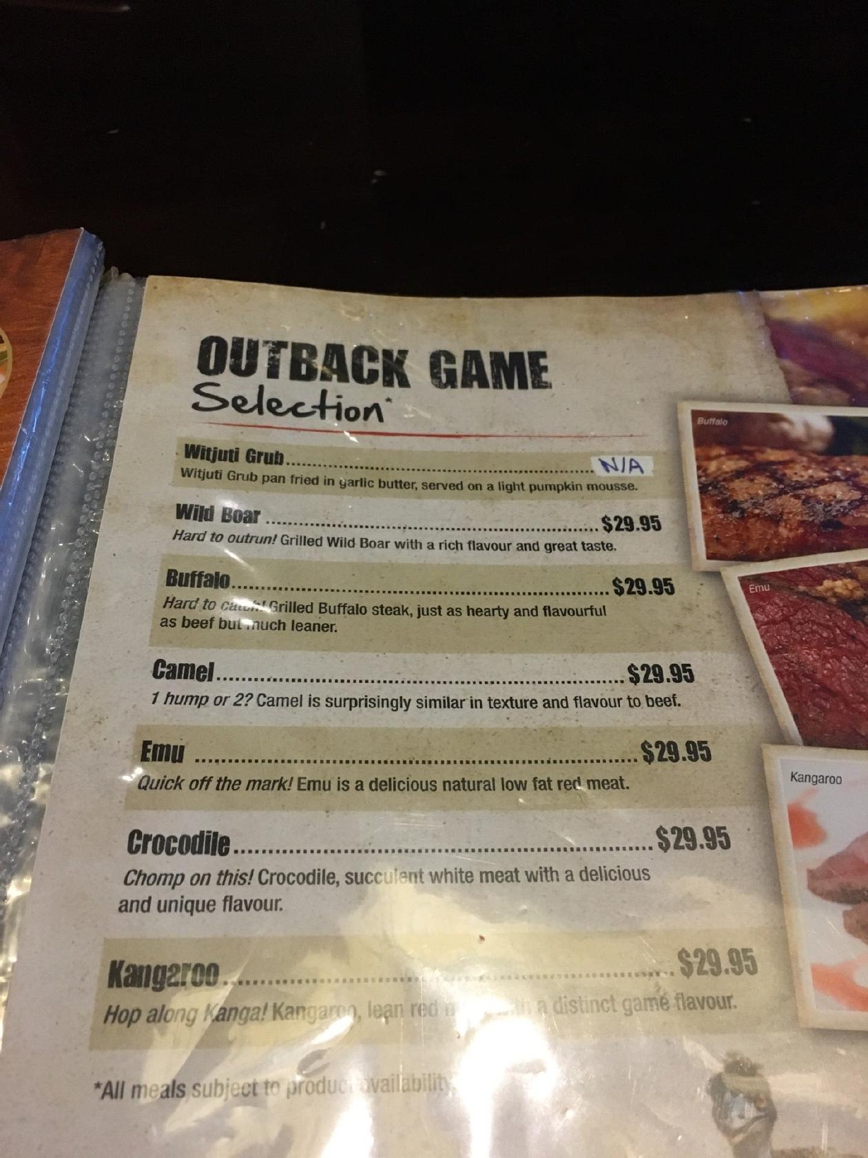 Menu at Outback Jacks steakhouse, Northbridge, 124 James St