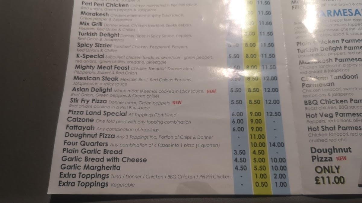 Menu at Pizza Land pizzeria, Dewsbury