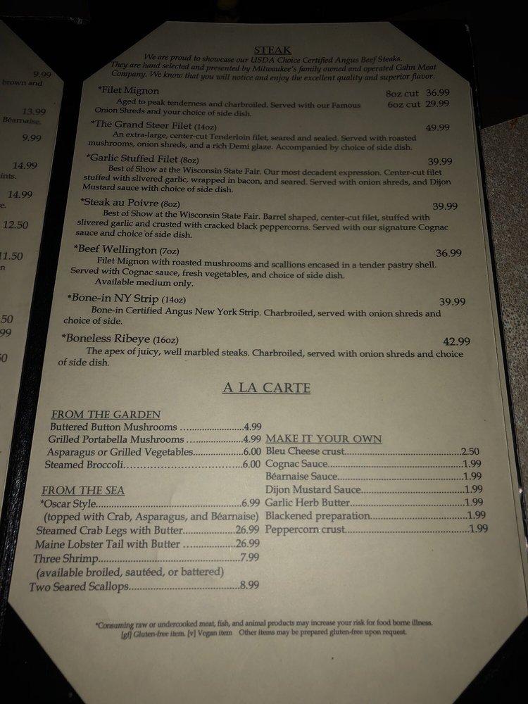 Menu at The Packing House steakhouse, Milwaukee