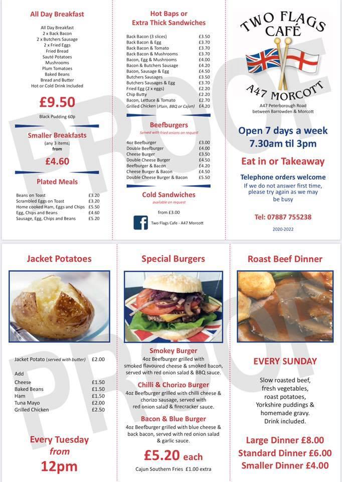 Menu at Two Flags Cafe, North Luffenham