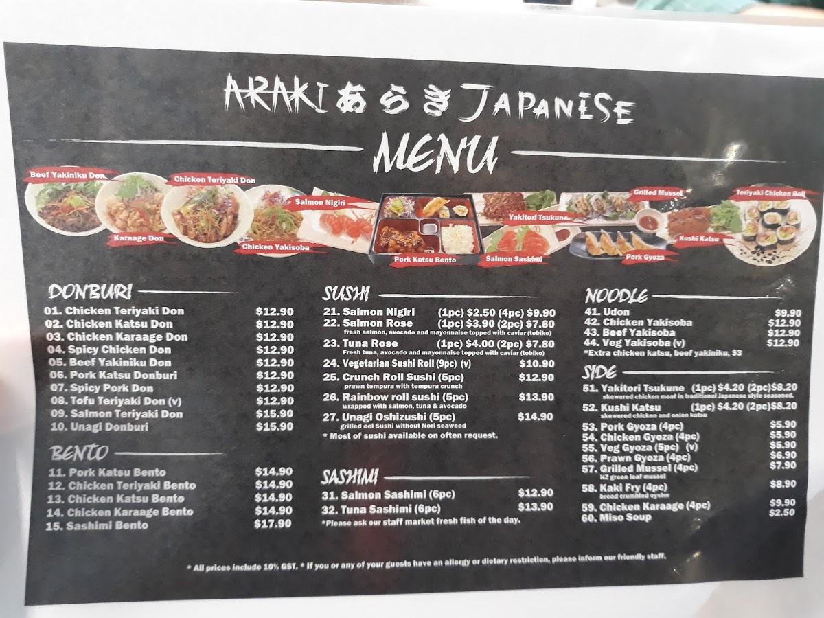 Menu at Araki Japanese restaurant, Leeming