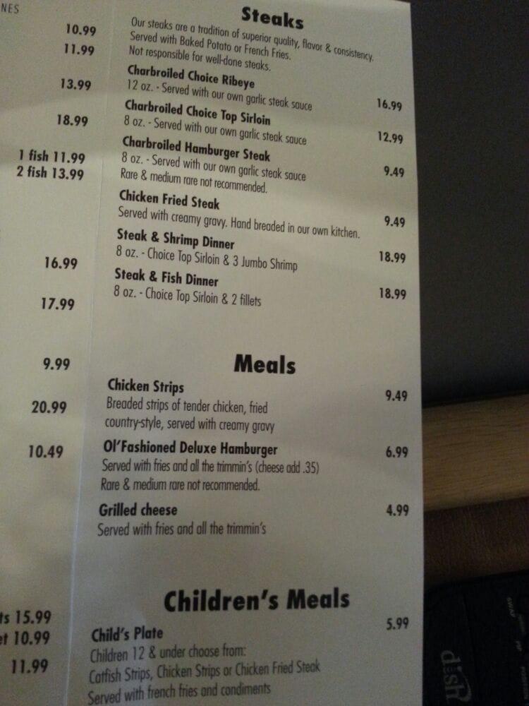 Menu at Catfish Sam's restaurant, Arlington