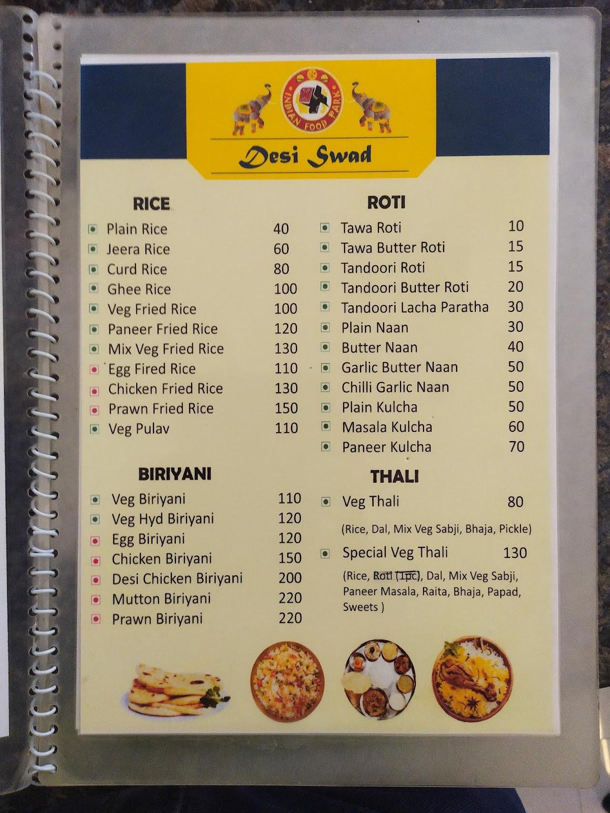 Menu at Indian food park, India