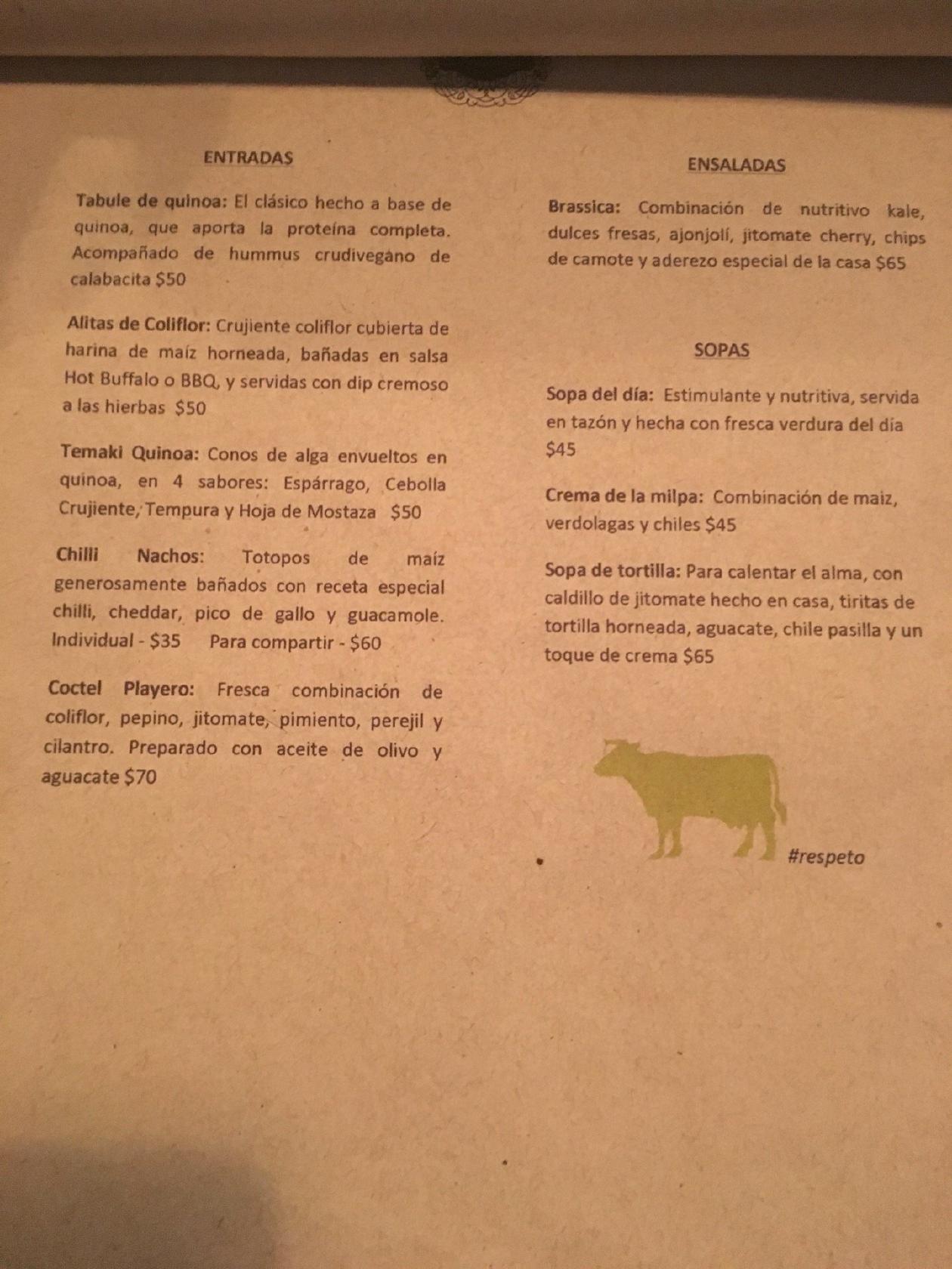 Menu at Los Antojos del Alma restaurant, Mexico City