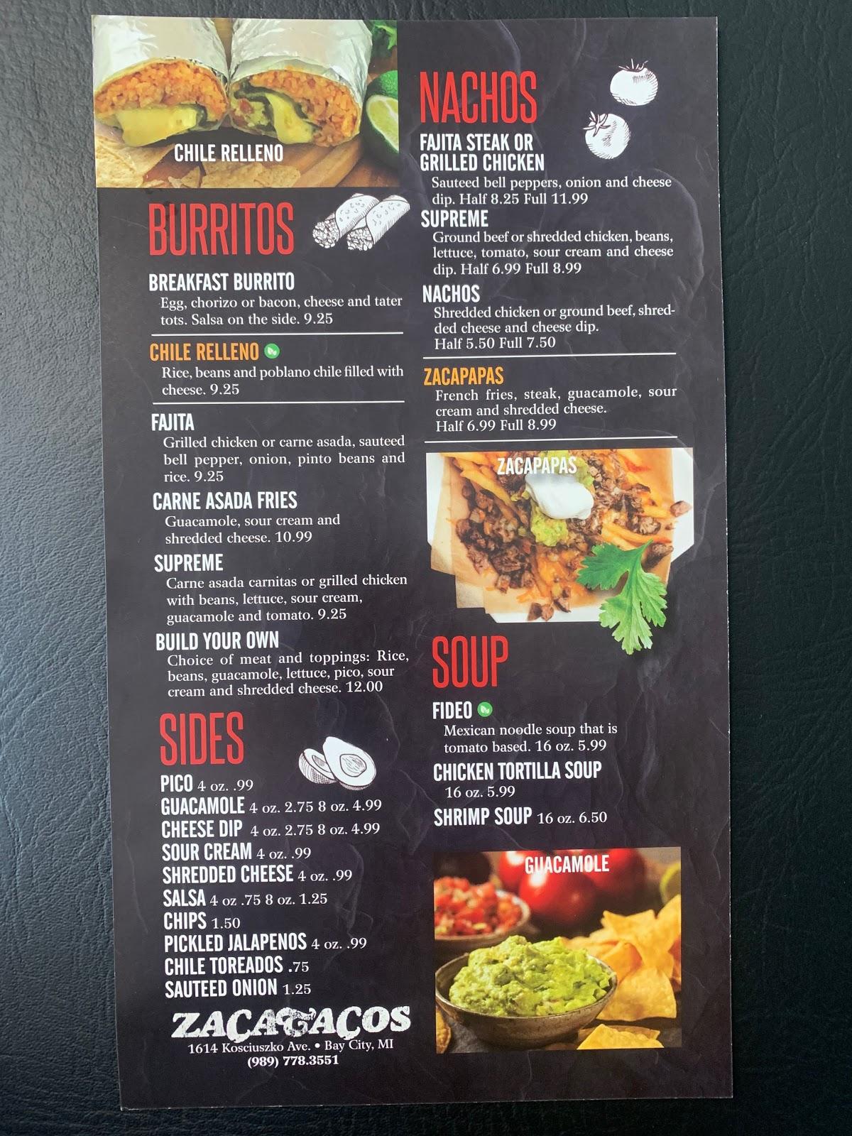 Menu at Zacatacos restaurant, Bay City
