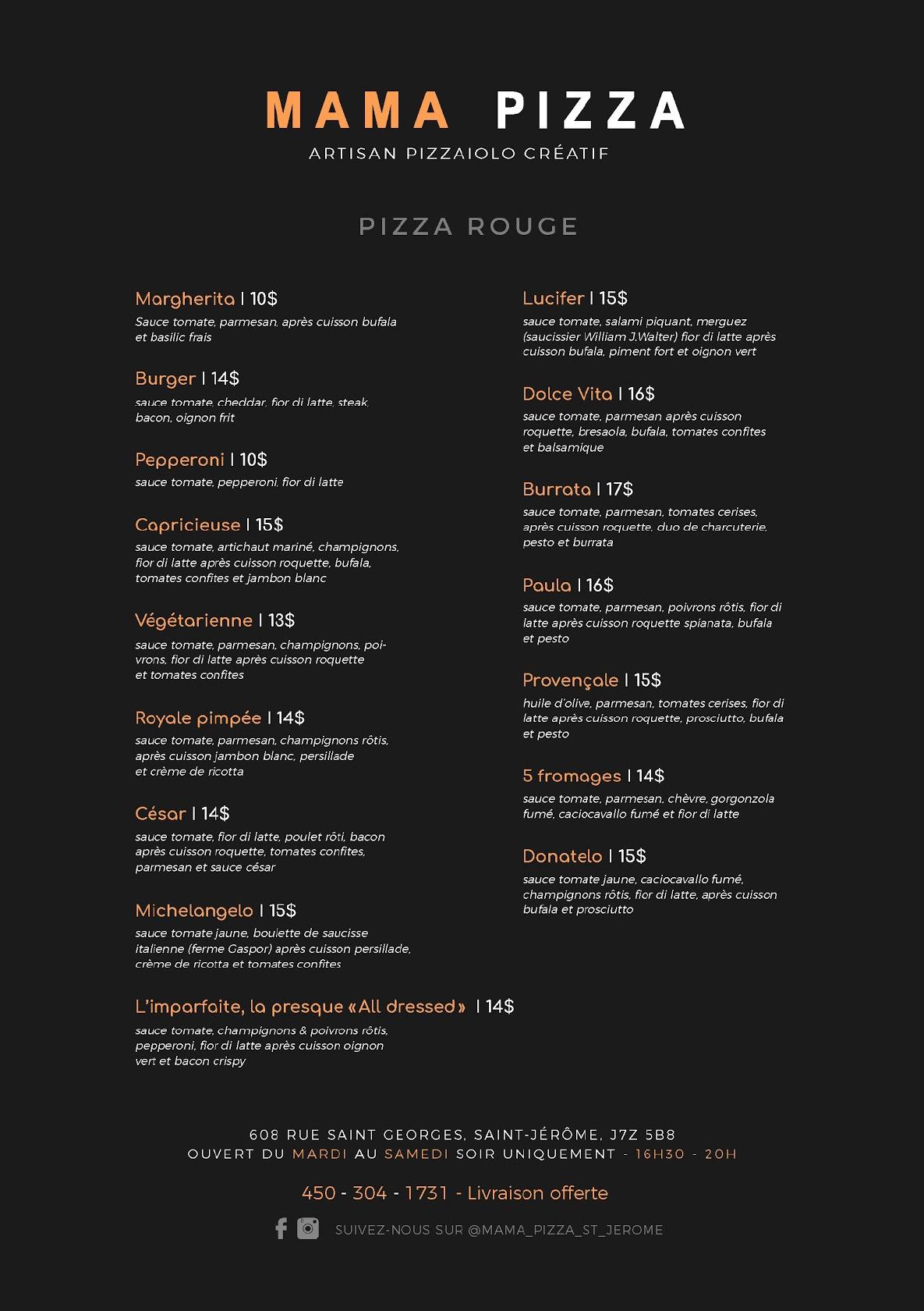Menu au Mama Pizza St Jérôme restaurant, SaintJérôme