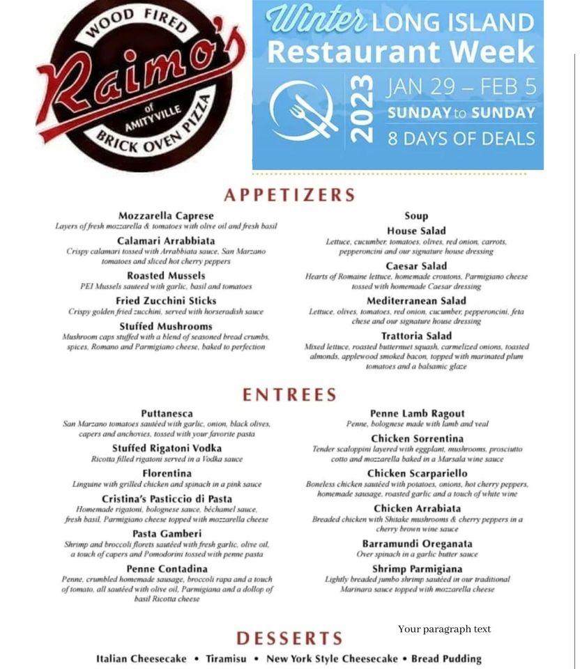 Menu at Raimo's Brick Oven Pizzeria & Trattoria of Amityville, Amityville