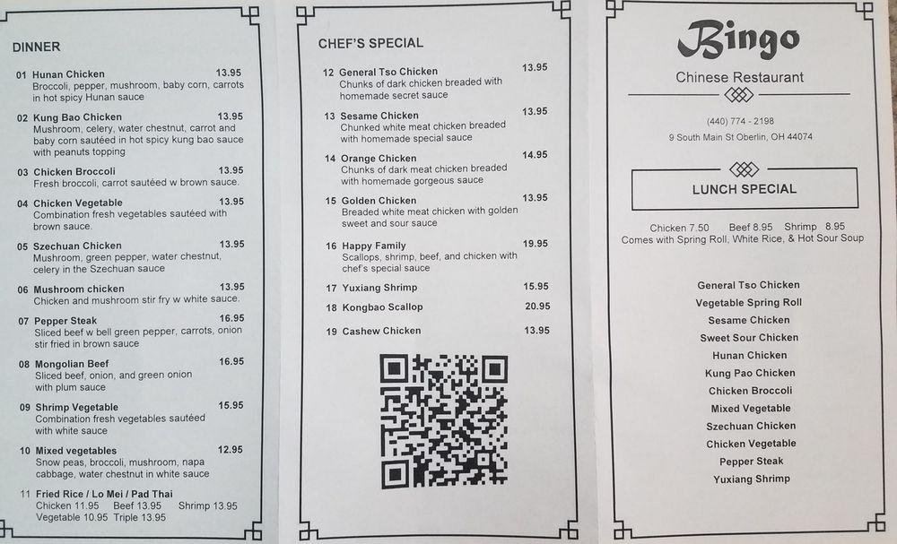 Menu at Bingo Chinese Restaurant, Oberlin
