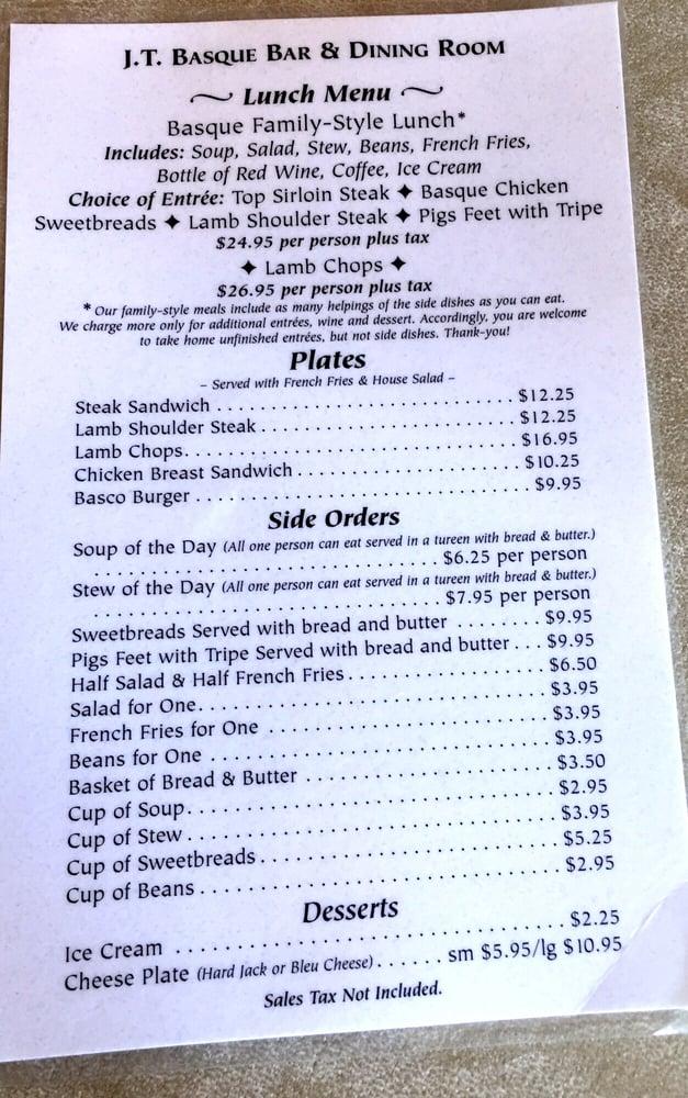 Menu at J T Basque Bar & Dining Room, Gardnerville
