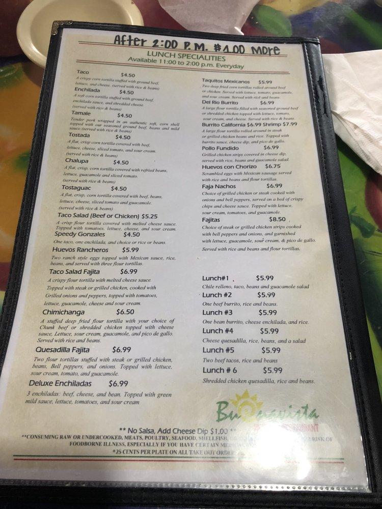 Menu at Buena Vista restaurant, Double Springs
