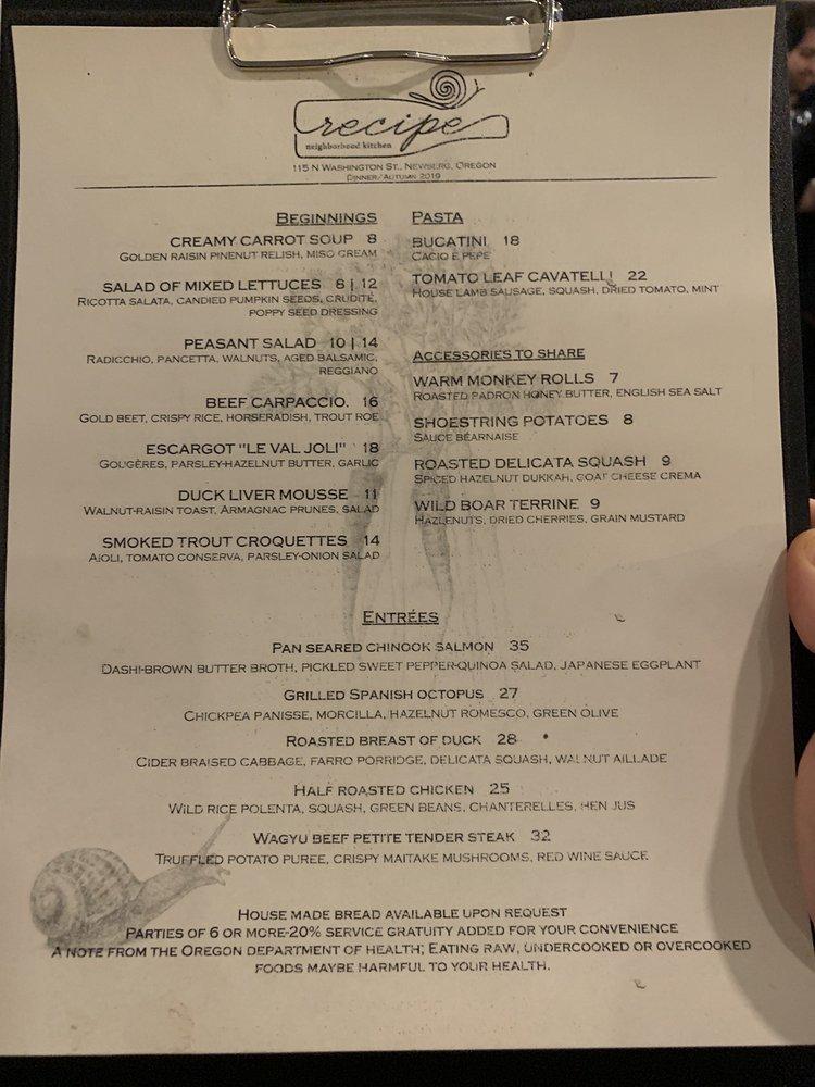 Menu at Recipe pub & bar, Newberg