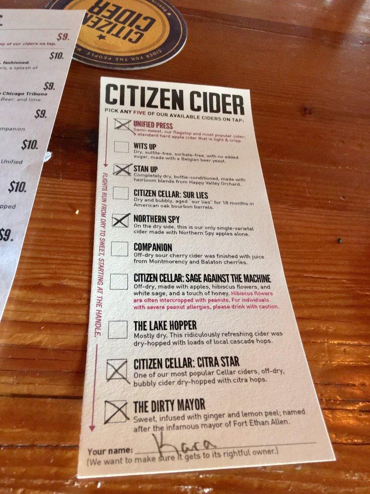 Menu at Citizen Cider pub & bar, Burlington