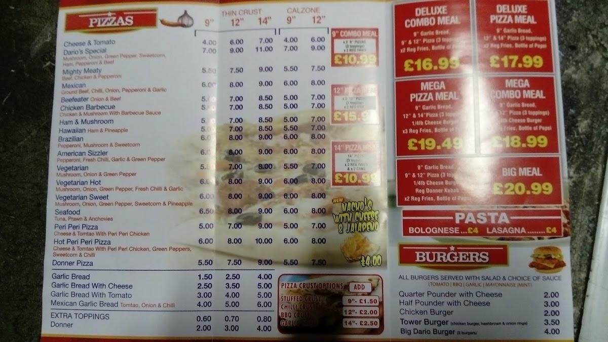 Menu at Dario's fast food, Preston