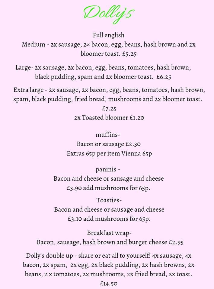 Menu at Dollys Cafe, Glossop