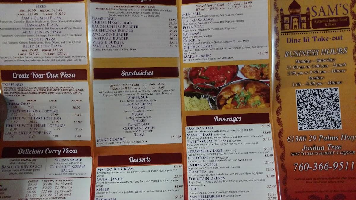 Menu at Sam's Indian Food & Pizza pizzeria, Joshua Tree