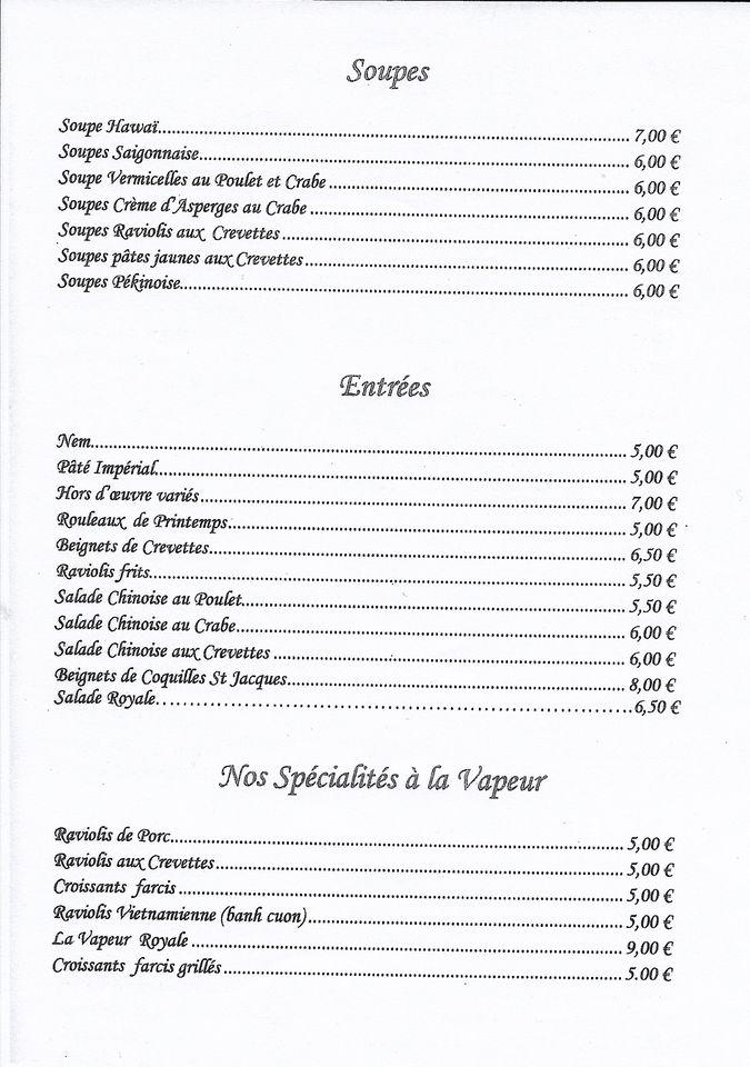 Menu de Palais de Chine