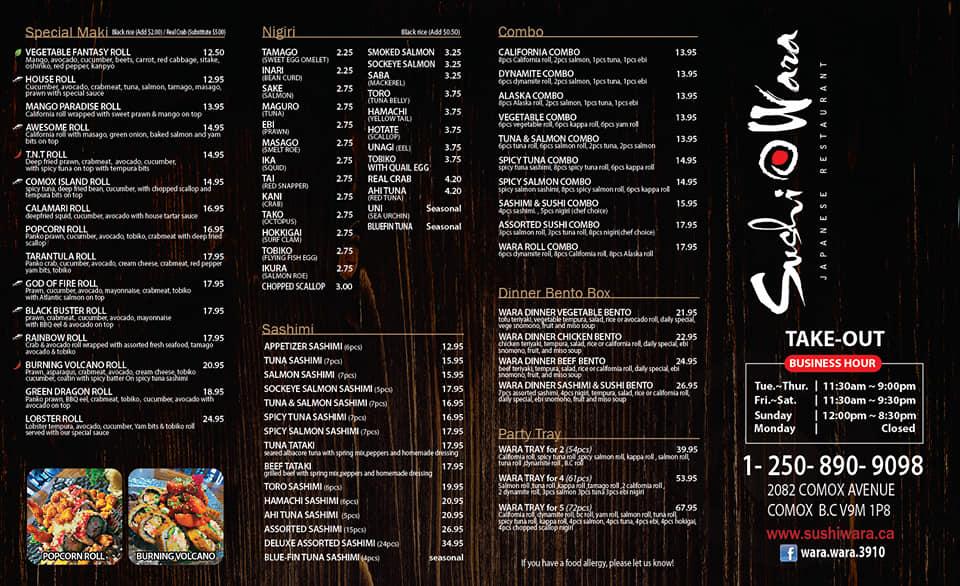 Menu At Sushi Wara Restaurant Comox