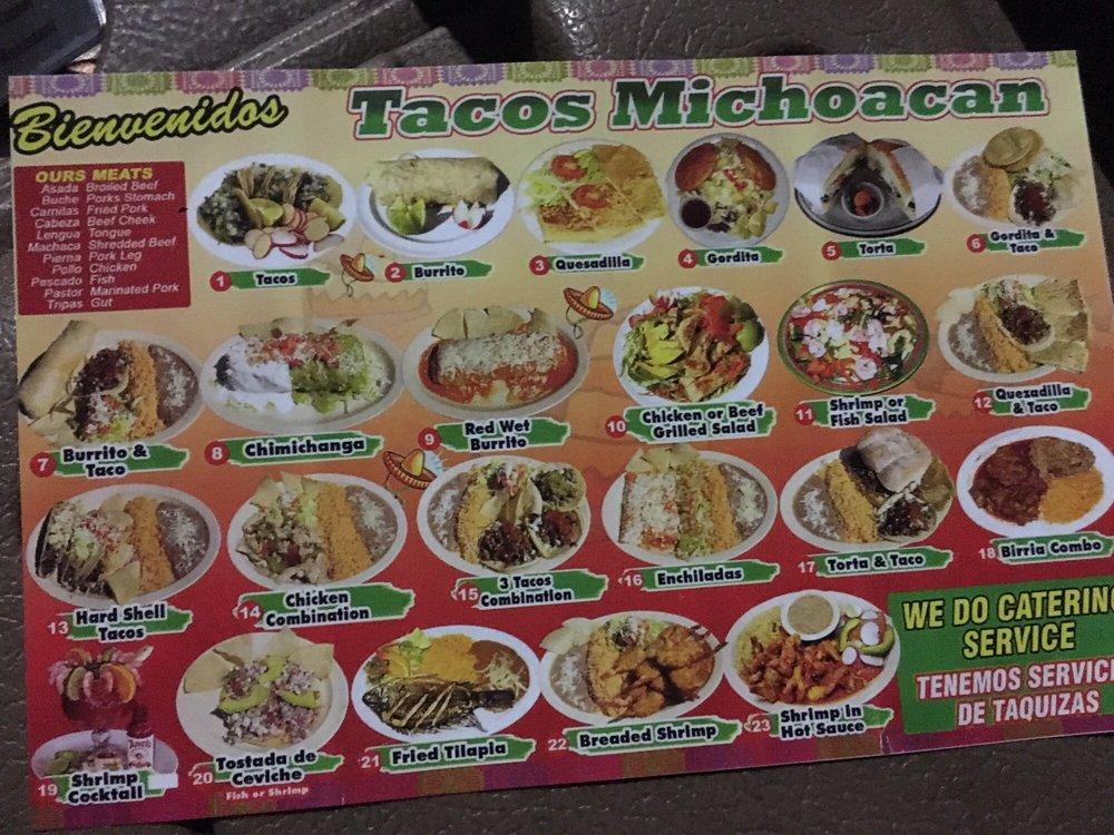 Menu at Tacos Michoacan restaurant, Los Angeles, -c Nordhoff St