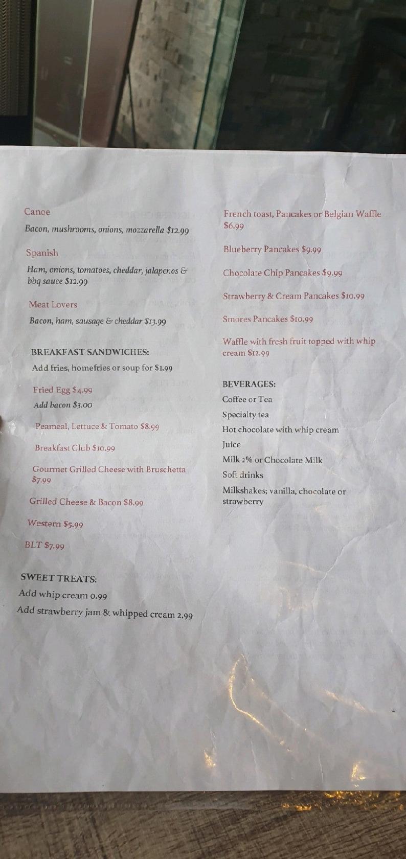 Menu at Cottage Canoe Restaurant, Barrie